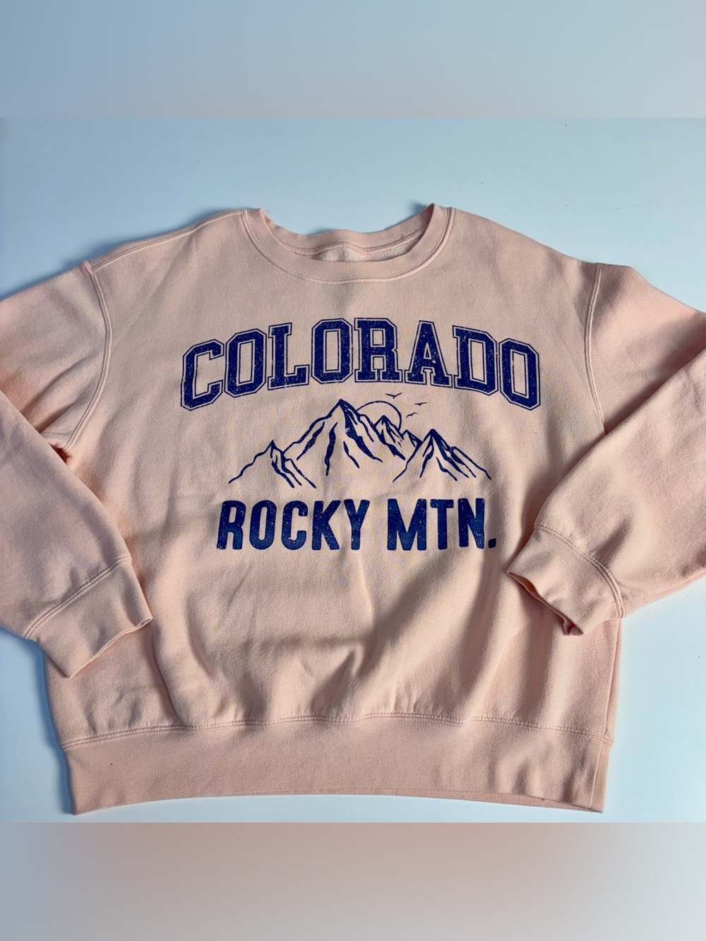 Awake Colorado Rocky Mtn. Pale Pink/Peach Crewneck Sweatshirt with Navy Print